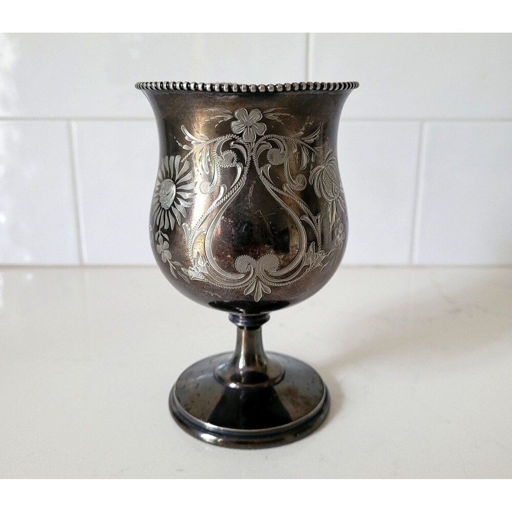 Antique Meriden B Britannia Company 442 Silverplate Floral Etched Goblet Cup Vtg